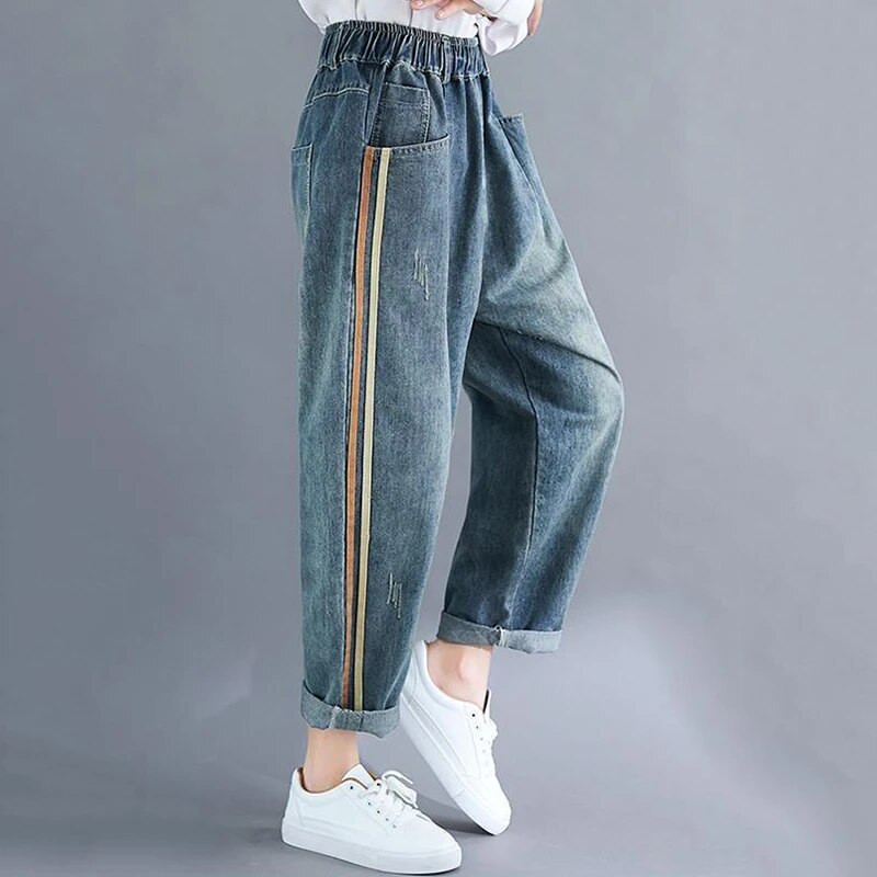 Helesinised kottis haaremi teksad Mom Elegant vabaaja elastne vöökoht 86-90 cm Capris teksapüksid Korea mood šikk kauboi pantaloonid