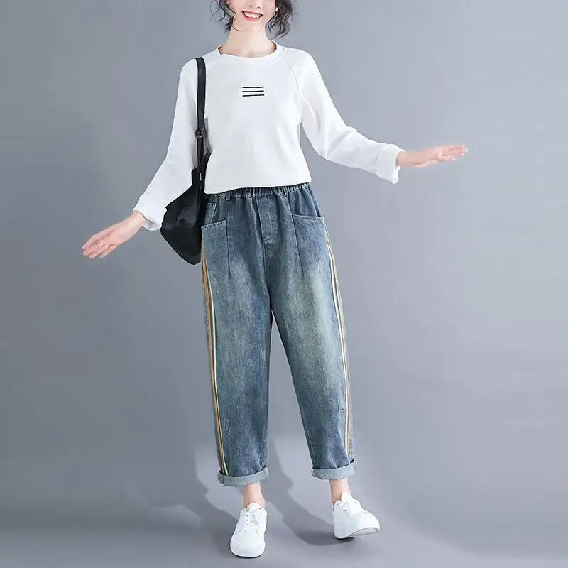 Helesinised kottis haaremi teksad Mom Elegant vabaaja elastne vöökoht 86-90 cm Capris teksapüksid Korea mood šikk kauboi pantaloonid