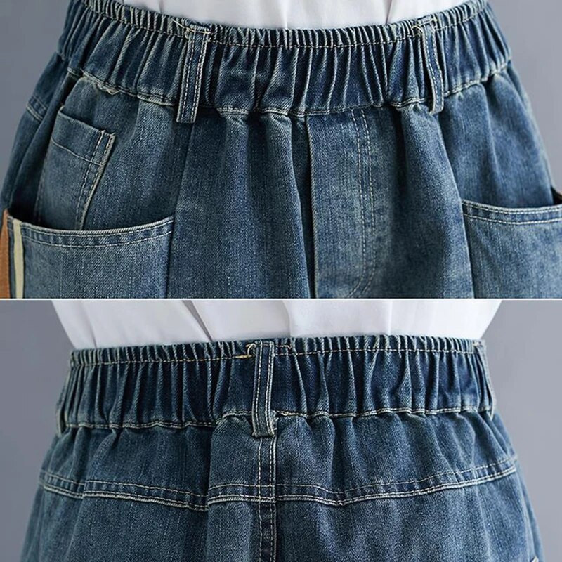 Helesinised kottis haaremi teksad Mom Elegant vabaaja elastne vöökoht 86-90 cm Capris teksapüksid Korea mood šikk kauboi pantaloonid