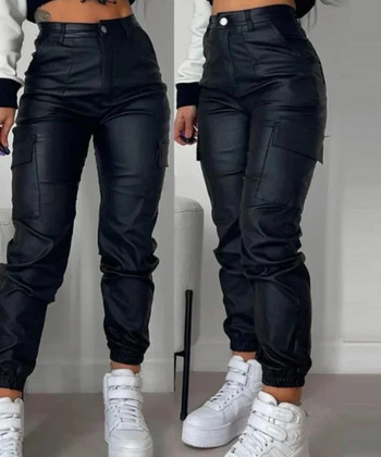 Y2K Vintage Women Κομψό Harajuku Streetwear Μαύρο παντελόνι Cargo Μοτοσικλέτα Pu Δερμάτινο ψηλόμεσο Harem Παντελόνι Jogger Ρούχα