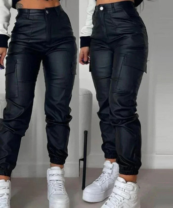 Y2K Vintage Дамски елегантни Harajuku Streetwear черни карго панталони Мотоциклетни Pu кожени панталони Harem Jogger с висока талия Дрехи
