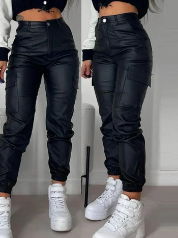 Y2K Vintage Дамски елегантни Harajuku Streetwear черни карго панталони Мотоциклетни Pu кожени панталони Harem Jogger с висока талия Дрехи