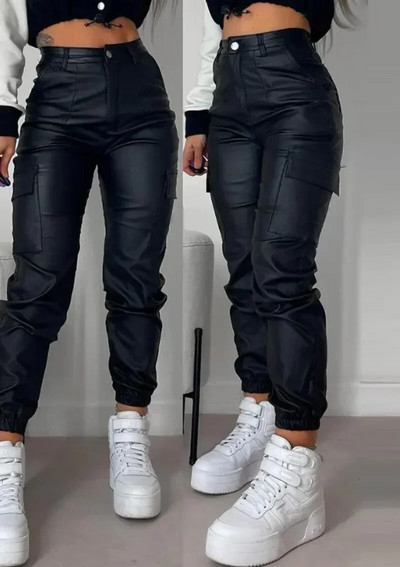 Y2K Vintage femei elegante Harajuku Streetwear pantaloni cargo negri motociclete din piele pu pantaloni de jogging harem cu talie înaltă haine