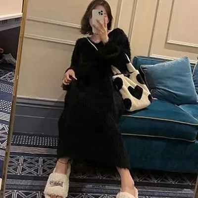 Didelio dydžio 4XL 150KG žieminė vilnonė suknelė su V kaklu Moteriška suknelė ilgomis rankovėmis didelės laisvos šiltos vilnos suknelės