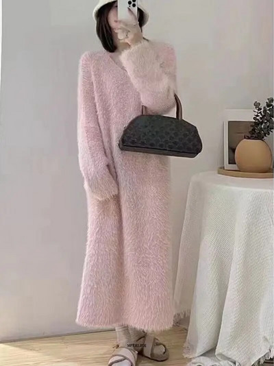 Didelio dydžio 4XL 150KG žieminė vilnonė suknelė su V kaklu Moteriška suknelė ilgomis rankovėmis didelės laisvos šiltos vilnos suknelės