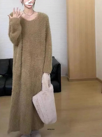 Didelio dydžio 4XL 150KG žieminė vilnonė suknelė su V kaklu Moteriška suknelė ilgomis rankovėmis didelės laisvos šiltos vilnos suknelės