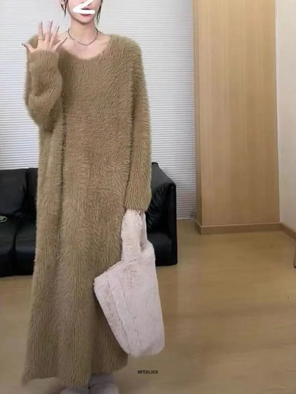 Didelio dydžio 4XL 150KG žieminė vilnonė suknelė su V kaklu Moteriška suknelė ilgomis rankovėmis didelės laisvos šiltos vilnos suknelės