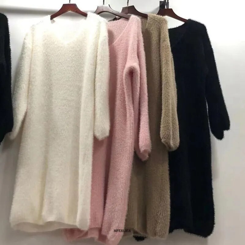 Didelio dydžio 4XL 150KG žieminė vilnonė suknelė su V kaklu Moteriška suknelė ilgomis rankovėmis didelės laisvos šiltos vilnos suknelės