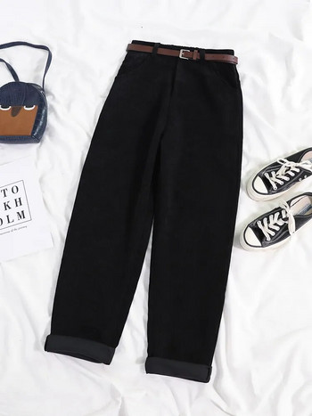 JMPRS Дамски пролетни кадифени панталони с висока талия Есенни ретро корейски ежедневни широки панталони с елегантен колан Свободно памучно улично облекло