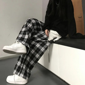 Lucyever Harajuku Черно-бели карирани панталони Дамски летни ежедневни панталони с широки крачоли Тинейджърски хип-хоп унисекс широки прави панталони