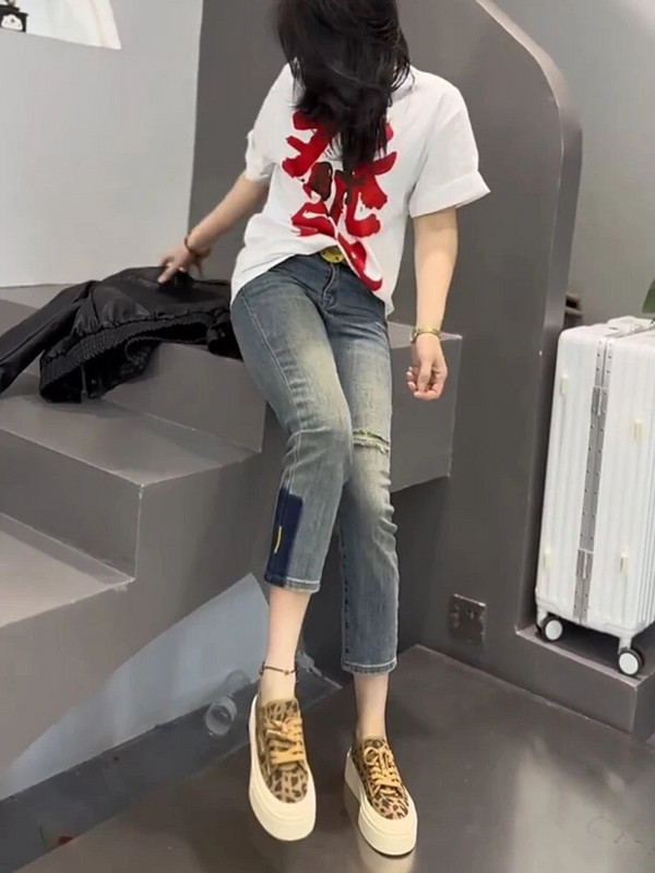 Y2k kelnių stiliaus aukšto juosmens elastinės skylutės mažos pėdos Džinsai, moteriški 2023 m. Vasaros plonos, plonos, plonos devynių taškų pieštuko kelnės