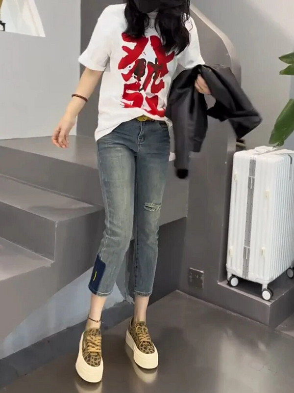 Y2k kelnių stiliaus aukšto juosmens elastinės skylutės mažos pėdos Džinsai, moteriški 2023 m. Vasaros plonos, plonos, plonos devynių taškų pieštuko kelnės