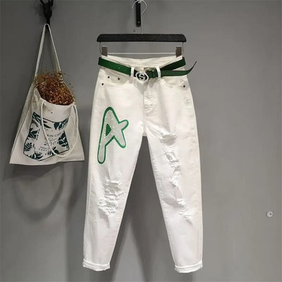 Moteriški balti džinsai aukštu liemeniu Slim Fit mados Harun džinsinės kelnės Naujos pavasario rudens prašmatnus siuvinėjimas Atsitiktinis Jean Pantalon Femme