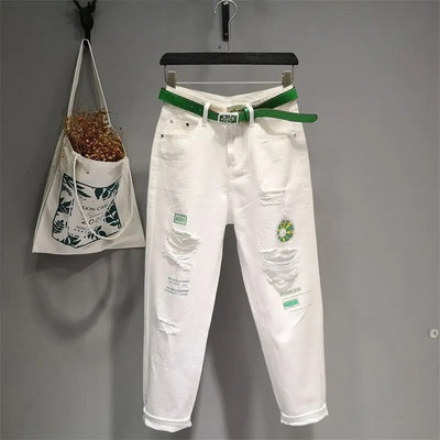 Moteriški balti džinsai aukštu liemeniu Slim Fit mados Harun džinsinės kelnės Naujos pavasario rudens prašmatnus siuvinėjimas Atsitiktinis Jean Pantalon Femme