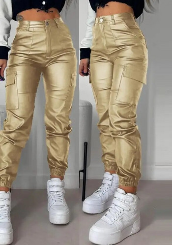 Γυναικείο μακρύ παντελόνι Cargo 2023 Personalized Street Trends Σχέδιο τσέπης με μανσέτες Pu δερμάτινο παντελόνι Φθινοπωρινό χειμερινό ψηλόμεσο παντελόνι