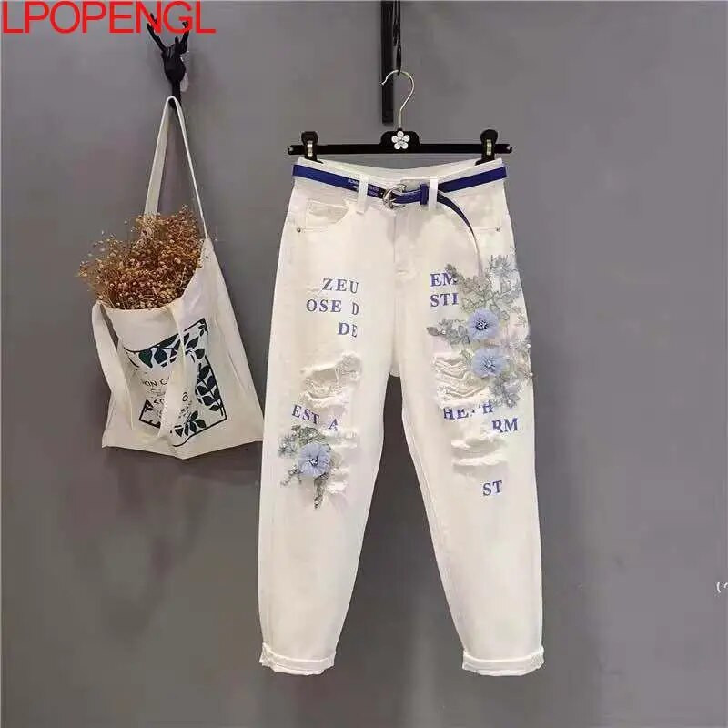 Γυναικείο Vintage Νέο Ευρωπαϊκό Δαντελένιο λουλουδάτο με τρύπα συνονθύλευμα τζιν παντελόνι μέχρι τον αστράγαλο Ευέλικτο καθημερινό παντελόνι με λευκό κουμπί, χαλαρό χαρέμι