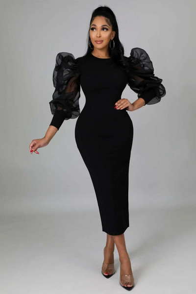 CM.YAYA naiste võrkkangast pikkade varrukatega O-kaelusega Bodycon Midi Maxi pikk kleit 2023 Vestidos Vintage Clubi õhtused seksikad peokleidid