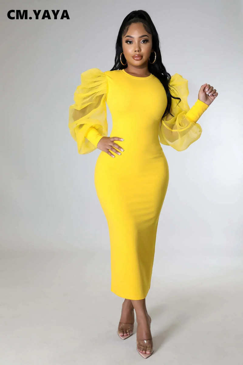 CM.YAYA naiste võrkkangast pikkade varrukatega O-kaelusega Bodycon Midi Maxi pikk kleit 2023 Vestidos Vintage Clubi õhtused seksikad peokleidid