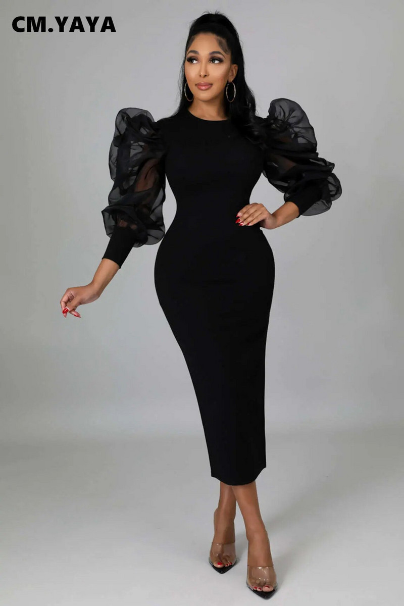 CM.YAYA naiste võrkkangast pikkade varrukatega O-kaelusega Bodycon Midi Maxi pikk kleit 2023 Vestidos Vintage Clubi õhtused seksikad peokleidid