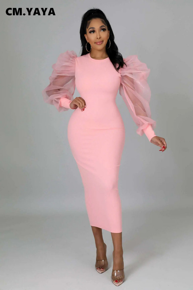 CM.YAYA naiste võrkkangast pikkade varrukatega O-kaelusega Bodycon Midi Maxi pikk kleit 2023 Vestidos Vintage Clubi õhtused seksikad peokleidid