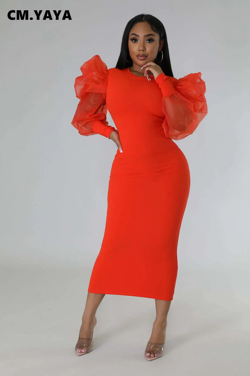 CM.YAYA naiste võrkkangast pikkade varrukatega O-kaelusega Bodycon Midi Maxi pikk kleit 2023 Vestidos Vintage Clubi õhtused seksikad peokleidid