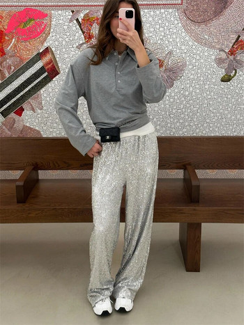 Tossy Дамски панталони със сребърни пайети с висока талия Ежедневни луксозни панталони за парти Модни панталони High Street Sparkle Straight Legg Нови