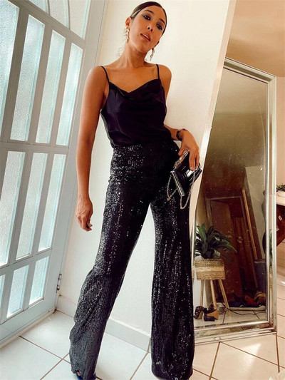 Puošniai sidabriniai blizgučiai moteriškos kelnės aukštu juosmeniu, laisvalaikio prabanga vakarėlio apranga kelnės Madingos High Street Sparkle tiesios kojos Nauja