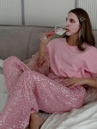 Puošniai sidabriniai blizgučiai moteriškos kelnės aukštu juosmeniu, laisvalaikio prabanga vakarėlio apranga kelnės Madingos High Street Sparkle tiesios kojos Nauja