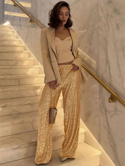 Puošniai sidabriniai blizgučiai moteriškos kelnės aukštu juosmeniu, laisvalaikio prabanga vakarėlio apranga kelnės Madingos High Street Sparkle tiesios kojos Nauja