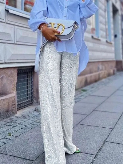Puošniai sidabriniai blizgučiai moteriškos kelnės aukštu juosmeniu, laisvalaikio prabanga vakarėlio apranga kelnės Madingos High Street Sparkle tiesios kojos Nauja