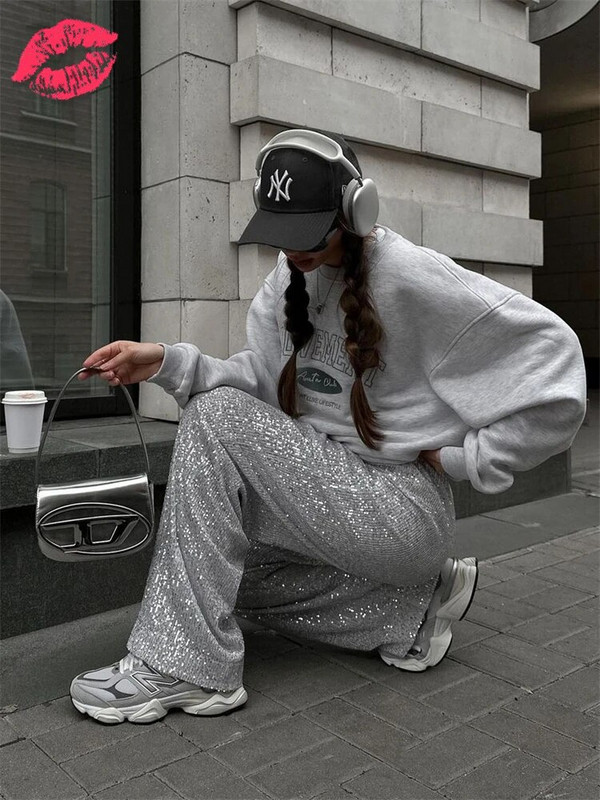 Puošniai sidabriniai blizgučiai moteriškos kelnės aukštu juosmeniu, laisvalaikio prabanga vakarėlio apranga kelnės Madingos High Street Sparkle tiesios kojos Nauja