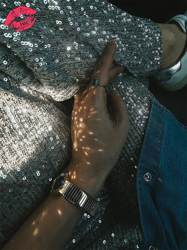 Puošniai sidabriniai blizgučiai moteriškos kelnės aukštu juosmeniu, laisvalaikio prabanga vakarėlio apranga kelnės Madingos High Street Sparkle tiesios kojos Nauja