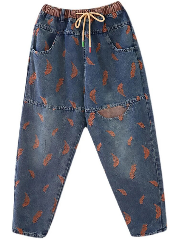 Teksad naistele Kevad Tänava sulgedega Tikand Värvus Kontrast Lahtised Õhukesed Pingutaskud Elastne vöökoht Denimpüksid Naiste