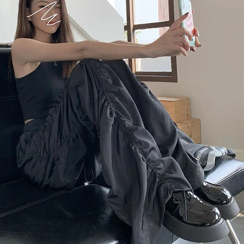 Lucyever Y2K Vintage sulenktos plačios kelnės moteriškos Diablo stiliaus aukštu juosmeniu su raišteliu pilnos kelnės Unisex Bf Baggy laisvalaikio kelnės