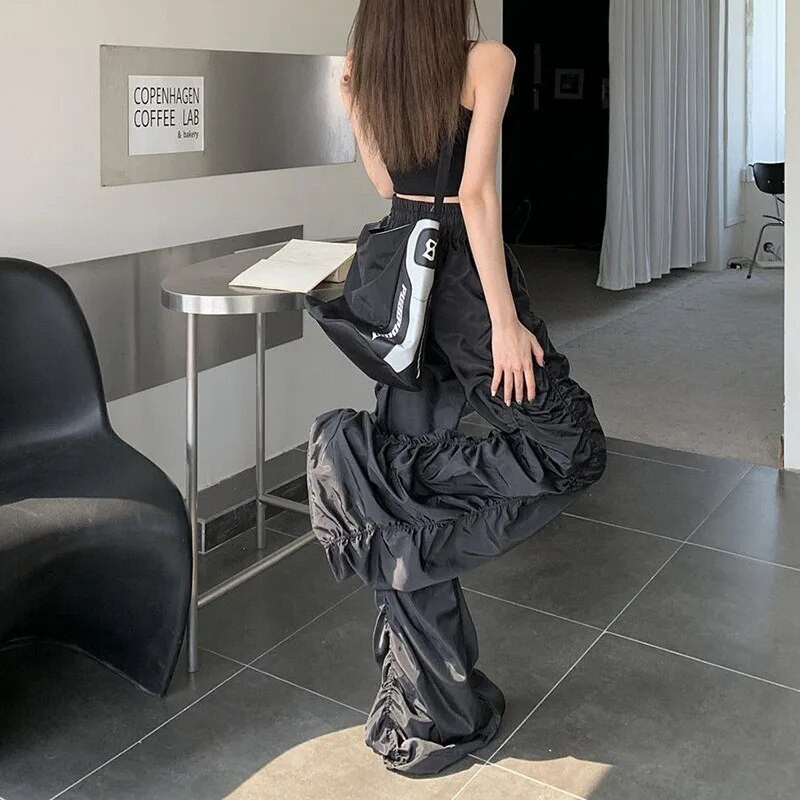 Lucyever Y2K Vintage sulenktos plačios kelnės moteriškos Diablo stiliaus aukštu juosmeniu su raišteliu pilnos kelnės Unisex Bf Baggy laisvalaikio kelnės