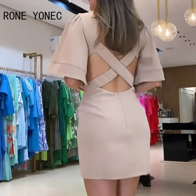 2023 m. moteriška elegantiška vientisa apvali apykakle, pusiau ilgomis rankovėmis, „Criss Cross“ be nugarų, mini Bodycon iškilminga vakarėlio suknelė