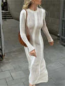 Bijela iskrzana pohabana pletena duga haljina Ženske elegantne haljine s dugim rukavima i O-izrezom, jesenska modna ulična odjeća, vuneni ogrtač