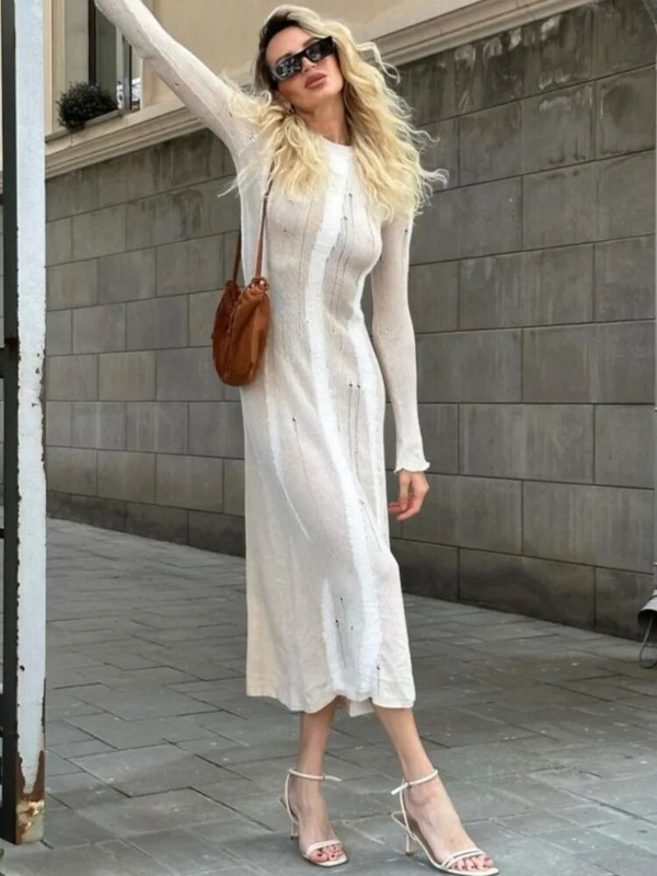 Bijela iskrzana pohabana pletena duga haljina Ženske elegantne haljine s dugim rukavima i O-izrezom, jesenska modna ulična odjeća, vuneni ogrtač