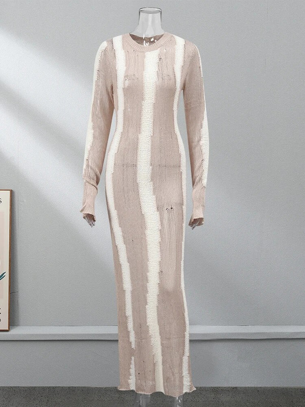 Bijela iskrzana pohabana pletena duga haljina Ženske elegantne haljine s dugim rukavima i O-izrezom, jesenska modna ulična odjeća, vuneni ogrtač