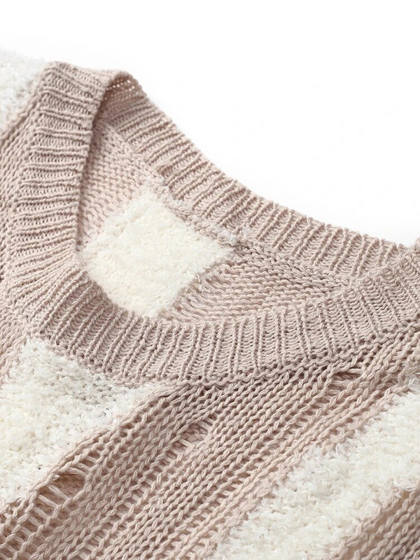 Bijela iskrzana pohabana pletena duga haljina Ženske elegantne haljine s dugim rukavima i O-izrezom, jesenska modna ulična odjeća, vuneni ogrtač