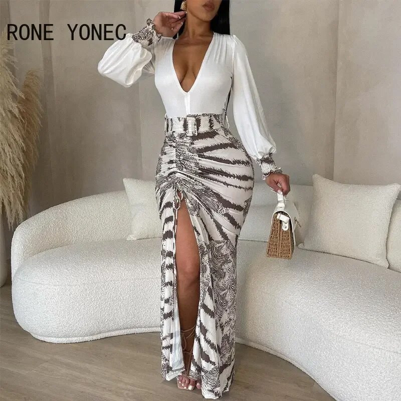 2023. aasta naiste elegantsed seksikad sügava V-kaelusega pikad varrukad koos vöödega, kõrge silt, maxi seksikad kehaga peokleidid