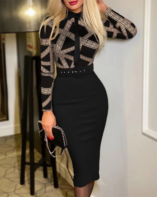 Uska midi haljina s modnim printom O-izreza Ženske elegantne jesenske vestidos s dugim rukavima Proljeće 2023. Nove, ležerne, uz remen, svečane haljine