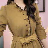 Suknelė 2022 m. rudenį ir žiemą Nauja aukštos kokybės medinis grybo nėrinių sijonas ilgomis rankovėmis plonu juosmeniu V formos kaklo suknelė Elegantiška vintažinė suknelė