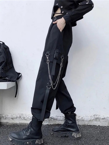 Дамски карго панталони Harem Pants Модни пънк джобове Jogger панталони с верига Harajuku Еластични улични дрехи с висока талия