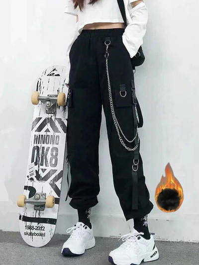 Moteriškos „Cargo“ kelnės „Haremas“ kelnės Madingos „Punk“ kišenės „Jogger“ kelnės su grandinėle „Harajuku“ tamprės, aukšto juosmens gatvės drabužiai