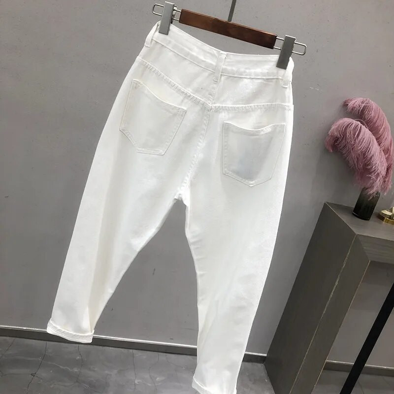 Naiste valged teksapüksid kevadsügis kõrge vöökohaga lahtised Hallen teksad Casua vintage Hole teksad Naiste pahkluuni ulatuvad teksad W2053