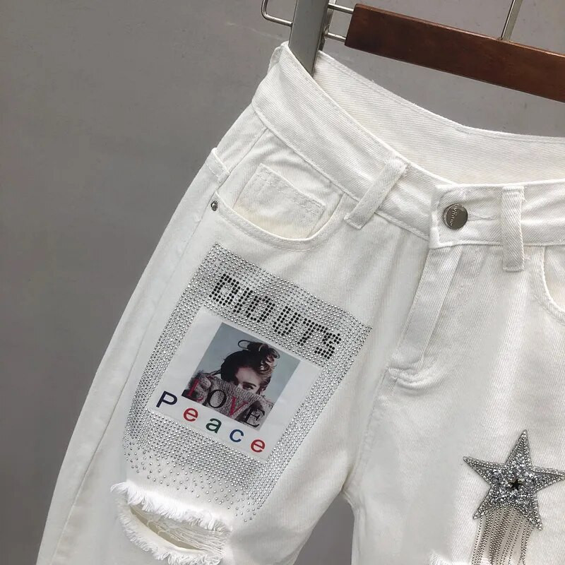 Naiste valged teksapüksid kevadsügis kõrge vöökohaga lahtised Hallen teksad Casua vintage Hole teksad Naiste pahkluuni ulatuvad teksad W2053