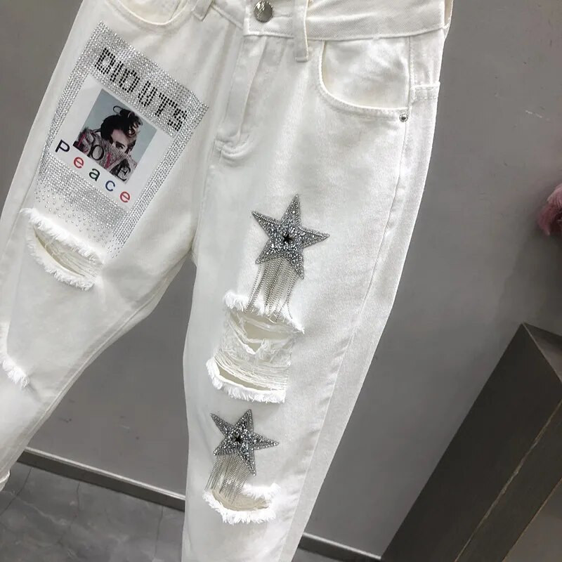 Naiste valged teksapüksid kevadsügis kõrge vöökohaga lahtised Hallen teksad Casua vintage Hole teksad Naiste pahkluuni ulatuvad teksad W2053