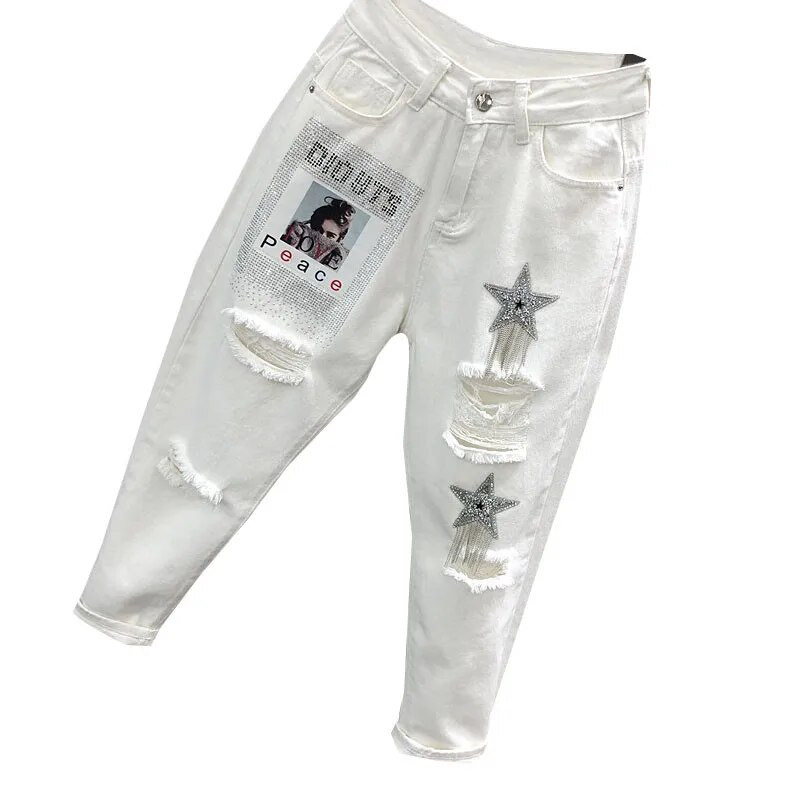 Naiste valged teksapüksid kevadsügis kõrge vöökohaga lahtised Hallen teksad Casua vintage Hole teksad Naiste pahkluuni ulatuvad teksad W2053