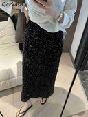 Moteriški sijonai rudeniniu aukštu juosmeniu Vidutinio dydžio blizgučiai Elegantiški korėjietiški nugaros išpjova A formos laisvi laisvalaikio, paprasti, tinkantys Faldas Largas